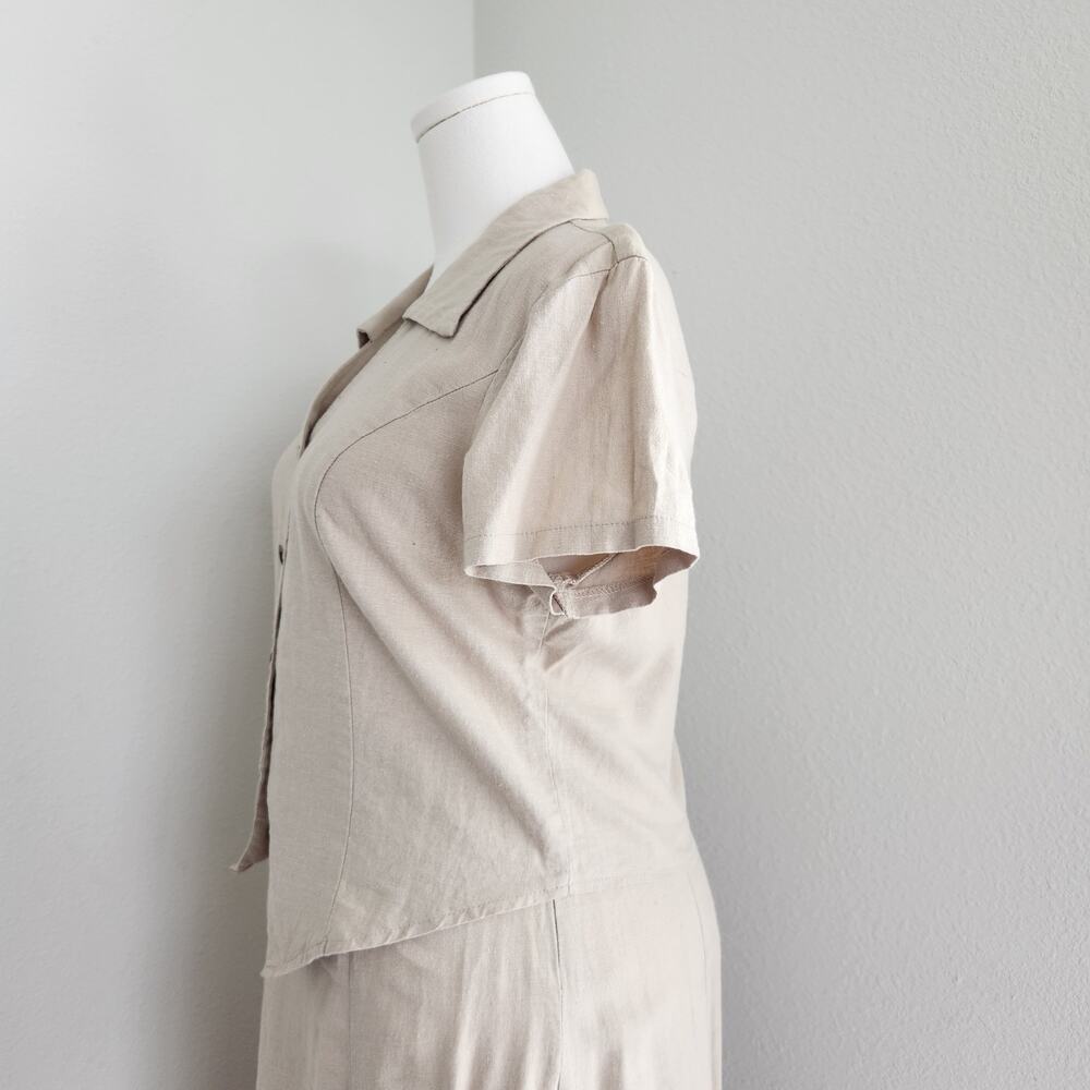 Vintage 90s Linen Blend Two Piece Skirt Set Collared Button Down Top Prairie L - Picture 5 of 14
